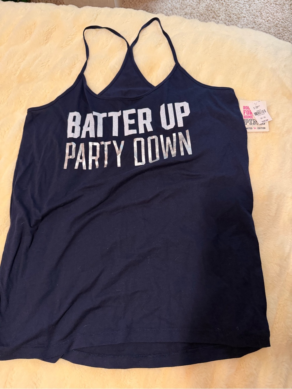 PINK Victoria's Secret Navy Racerback Tank with 'BATTER UP PARTY DOWN'